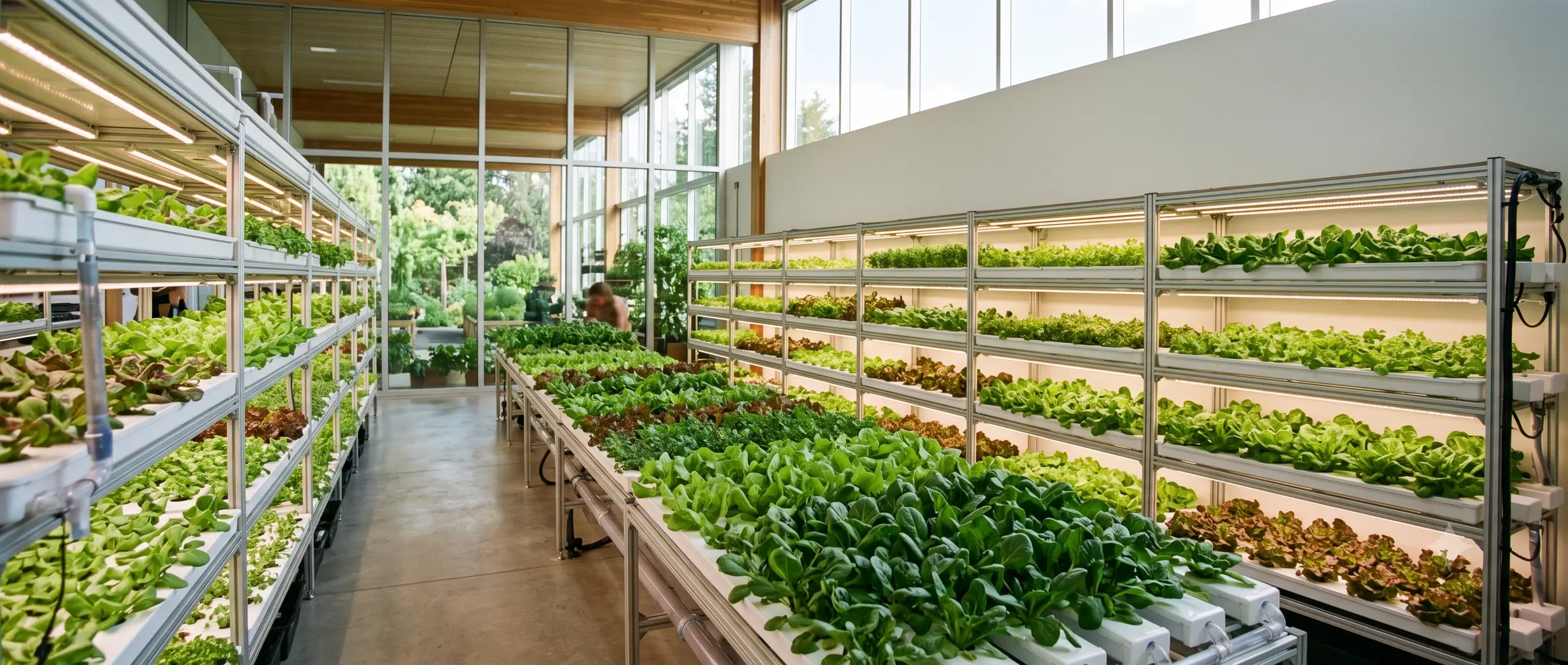 A glasshouse cultivation room with racked beds of hydroponic greens