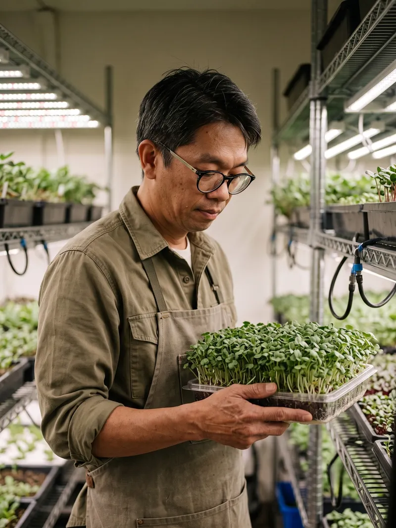 The grower holding a tray of microgreens in the cultivation room
