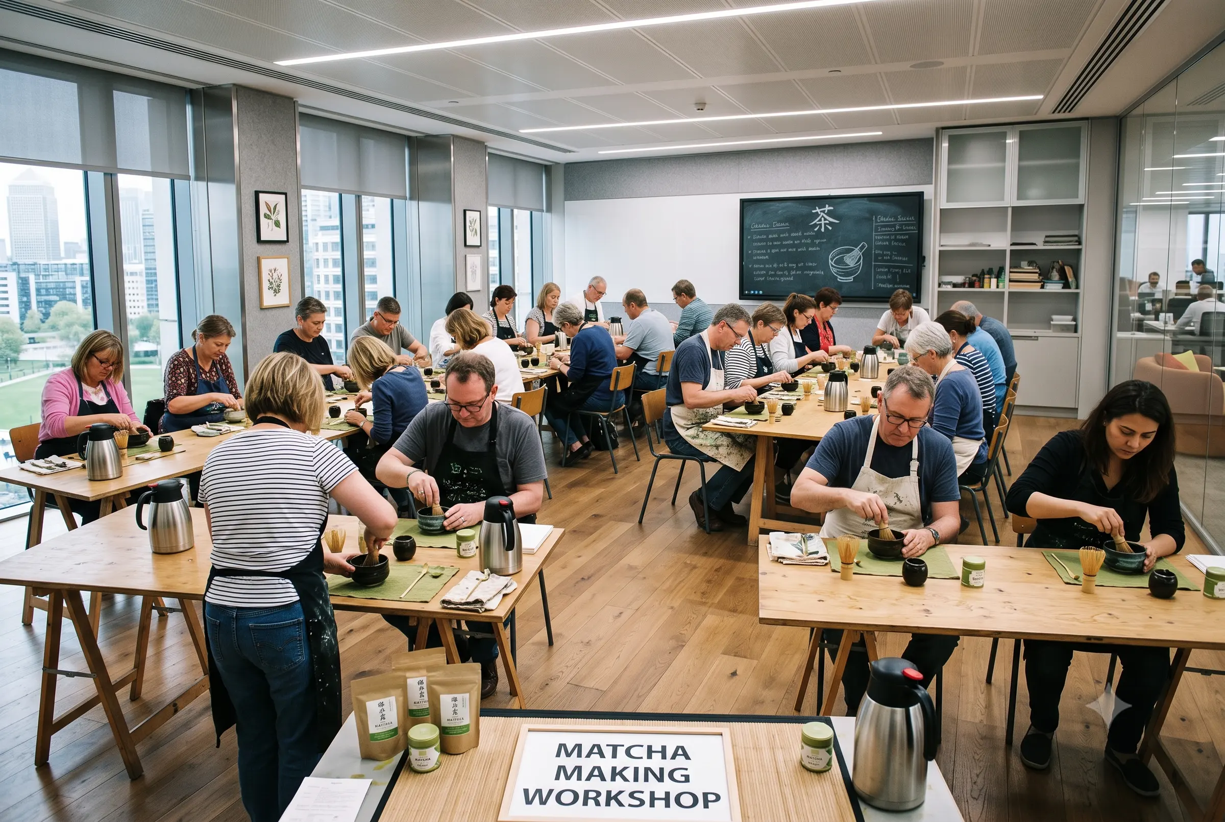A workshop room mid-session, participants whisking their own bowls of matcha