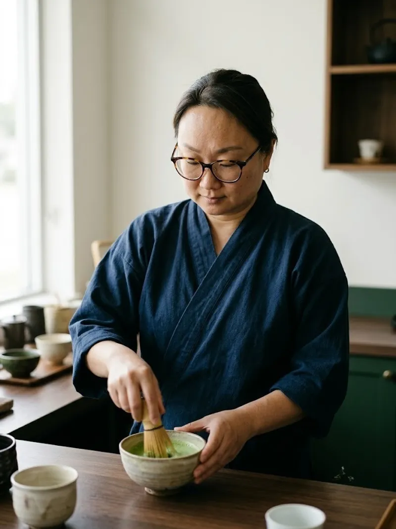 The tea master whisking a bowl of matcha at a wooden counter