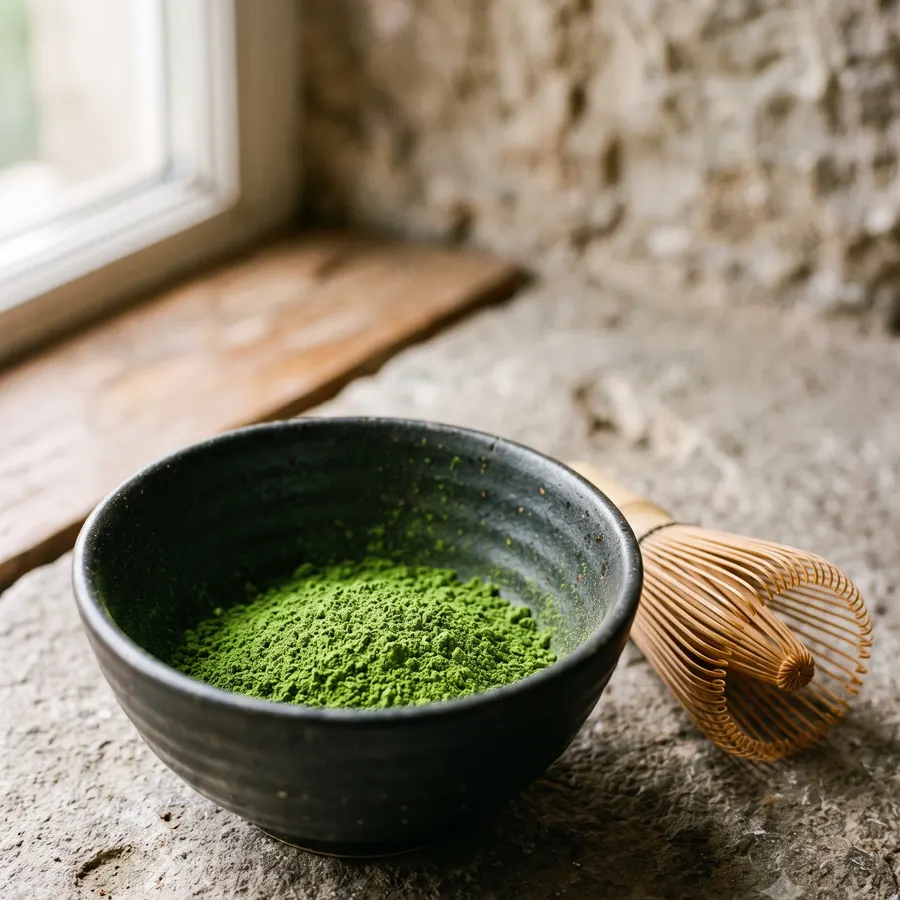 A bowl of matcha powder with a bamboo whisk