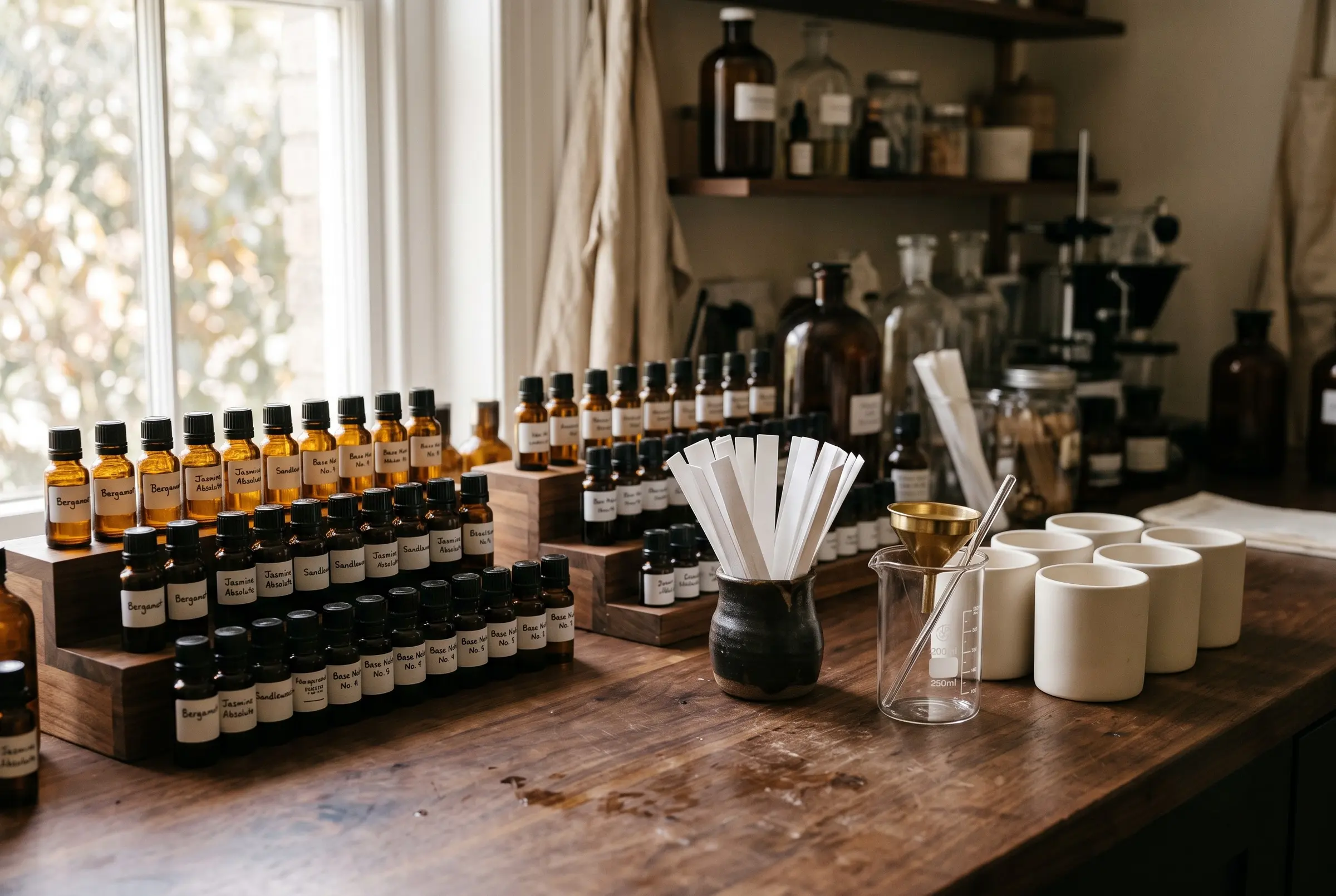 A perfumer’s blending bench with rows of amber bottles, blotter strips and empty candle vessels