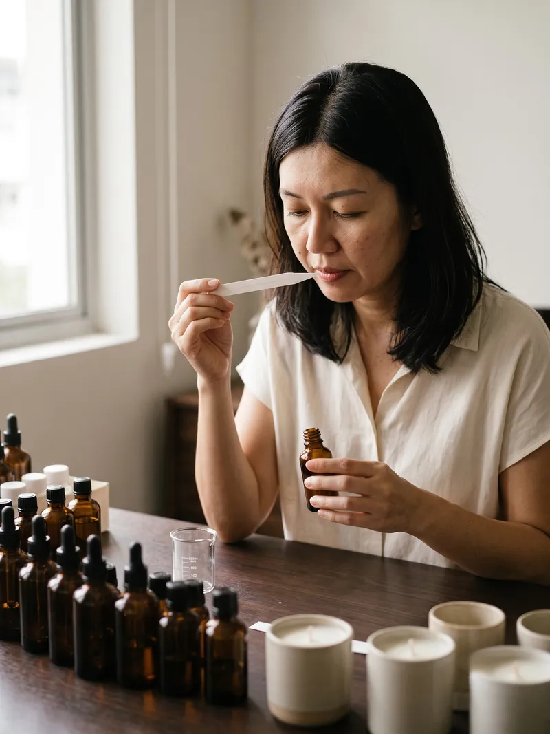 The perfumer at the blending bench, testing a blotter strip