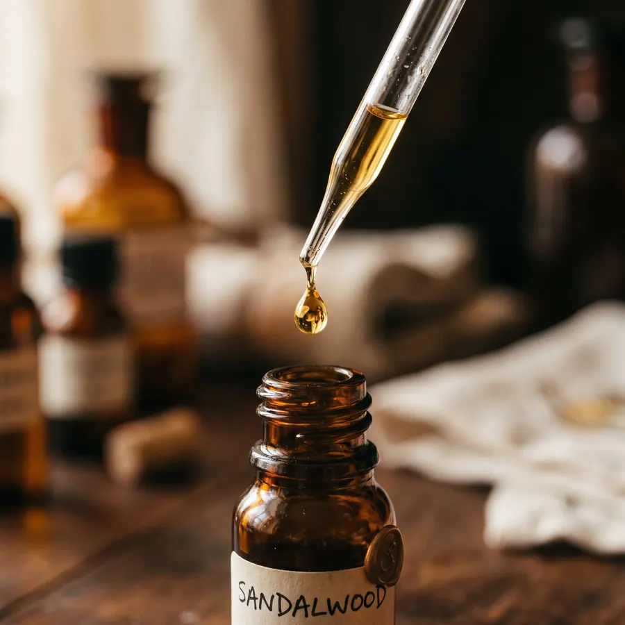 A drop of fragrance oil falling from a pipette into an amber bottle