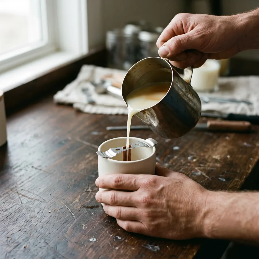Hands pouring melted wax into a ceramic candle vessel