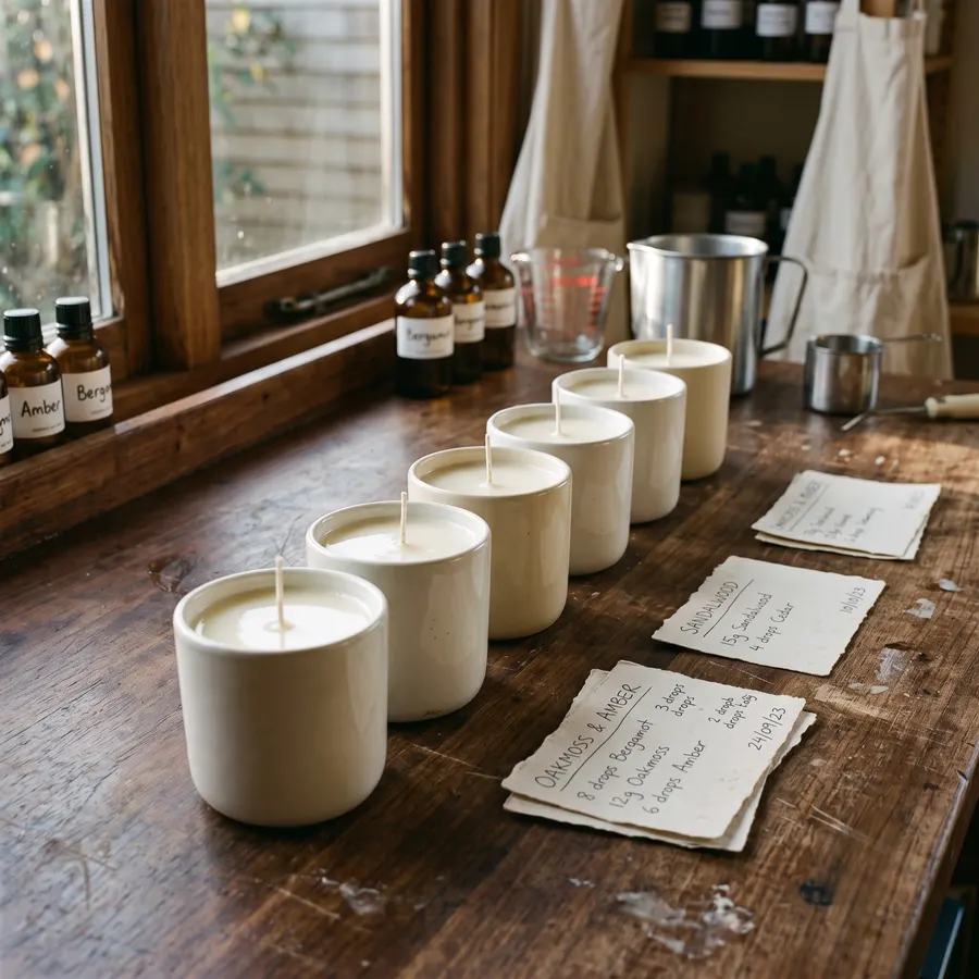 Freshly poured candles curing beside handwritten recipe cards